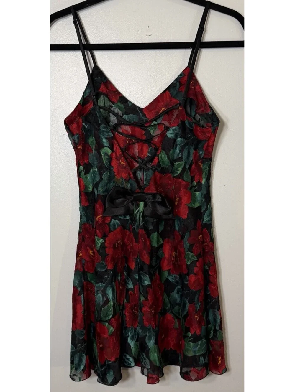 VTG Victoria Secret Floral Slip Dress Lingerie Corset Lace Up Bow Chemise Small